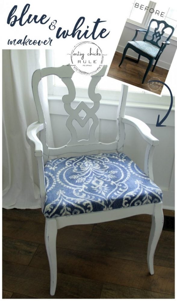 This Pretty BLUE Fabric Made This Chair Makeover!!! artsychicksrule.com #blueandwhitefabric #bluefabric #blueandwhitedecor #chairmakeover #chairideas #bluefurniture #chalkpaintmakeovers #chalkpaintfurniture #paintedfurniture 