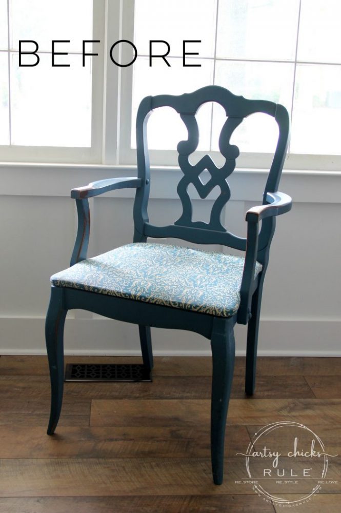 This Pretty BLUE Fabric Made This Chair Makeover!!! artsychicksrule.com #blueandwhitefabric #bluefabric #blueandwhitedecor #chairmakeover #chairideas #bluefurniture #chalkpaintmakeovers #chalkpaintfurniture #paintedfurniture 