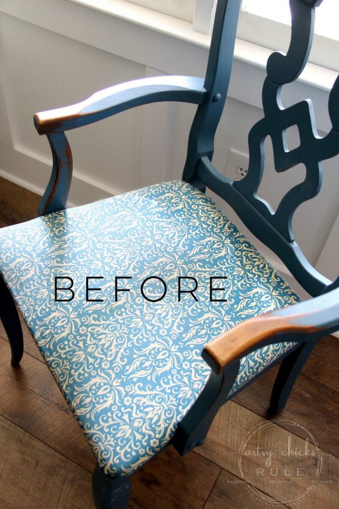 This Pretty BLUE Fabric Made This Chair Makeover!!! artsychicksrule.com #blueandwhitefabric #bluefabric #blueandwhitedecor #chairmakeover #chairideas #bluefurniture #chalkpaintmakeovers #chalkpaintfurniture #paintedfurniture 