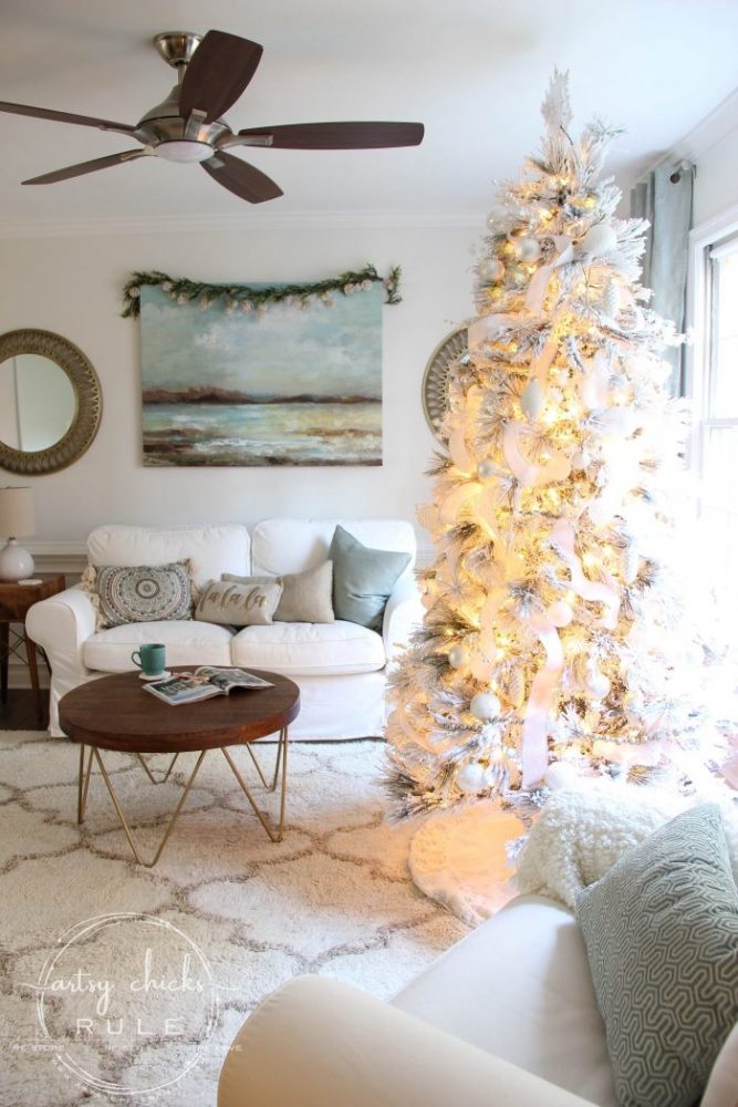 Recreate this magical look with an all white Christmas tree...coastal morning room and coffee bar decor! artsychicksrule.com #Christmasdecor #holidaydecor #allwhiteChristmastree #Christmastree 