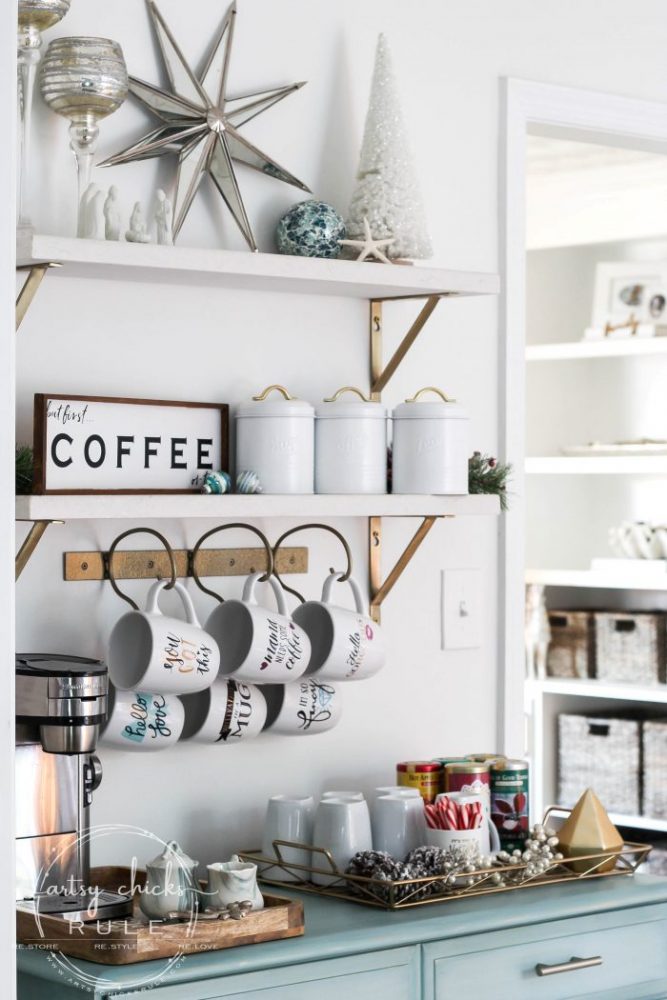 Recreate this magical look with an all white Christmas tree...coastal morning room and coffee bar decor! artsychicksrule.com #Christmasdecor #holidaydecor #allwhiteChristmastree #Christmastree 