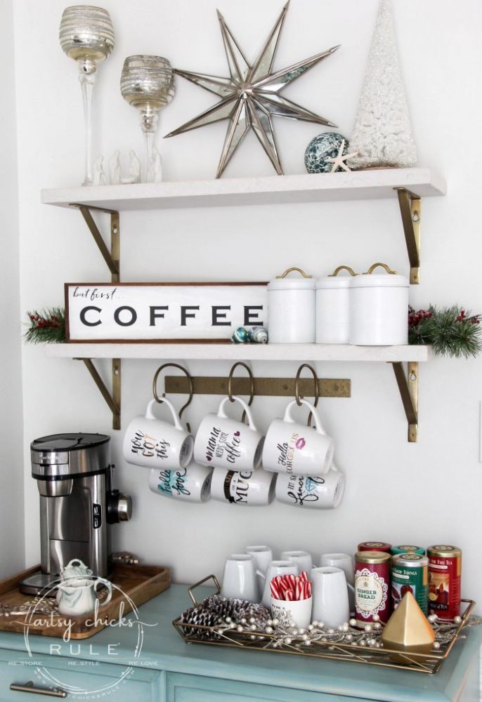 Recreate this magical look with an all white Christmas tree...coastal morning room and coffee bar decor! artsychicksrule.com #Christmasdecor #holidaydecor #allwhiteChristmastree #Christmastree 