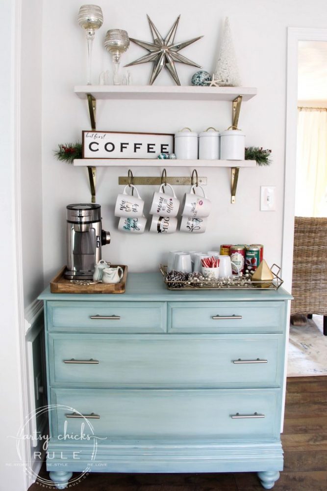 Recreate this magical look with an all white Christmas tree...coastal morning room and coffee bar decor! artsychicksrule.com #Christmasdecor #holidaydecor #allwhiteChristmastree #Christmastree 