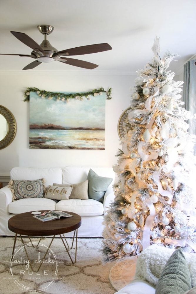 Recreate this magical look with an all white Christmas tree...coastal morning room and coffee bar decor! artsychicksrule.com #Christmasdecor #holidaydecor #allwhiteChristmastree #Christmastree 