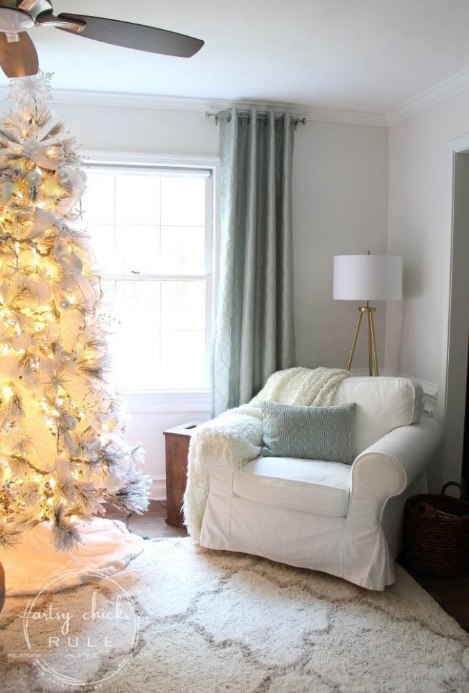 Recreate this magical look with an all white Christmas tree...coastal morning room and coffee bar decor! artsychicksrule.com #Christmasdecor #holidaydecor #allwhiteChristmastree #Christmastree 