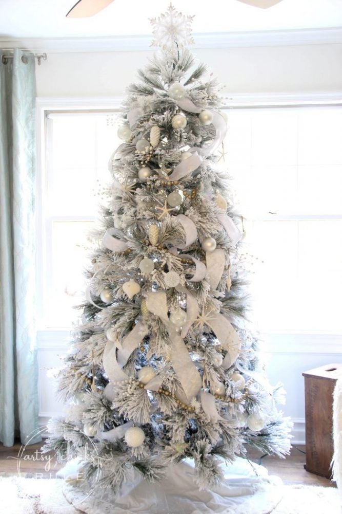 Recreate this magical look with an all white Christmas tree...coastal morning room and coffee bar decor! artsychicksrule.com #Christmasdecor #holidaydecor #allwhiteChristmastree #Christmastree 