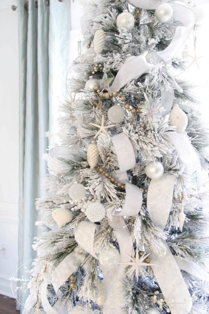 Recreate this magical look with an all white Christmas tree...coastal morning room and coffee bar decor! artsychicksrule.com #Christmasdecor #holidaydecor #allwhiteChristmastree #Christmastree 