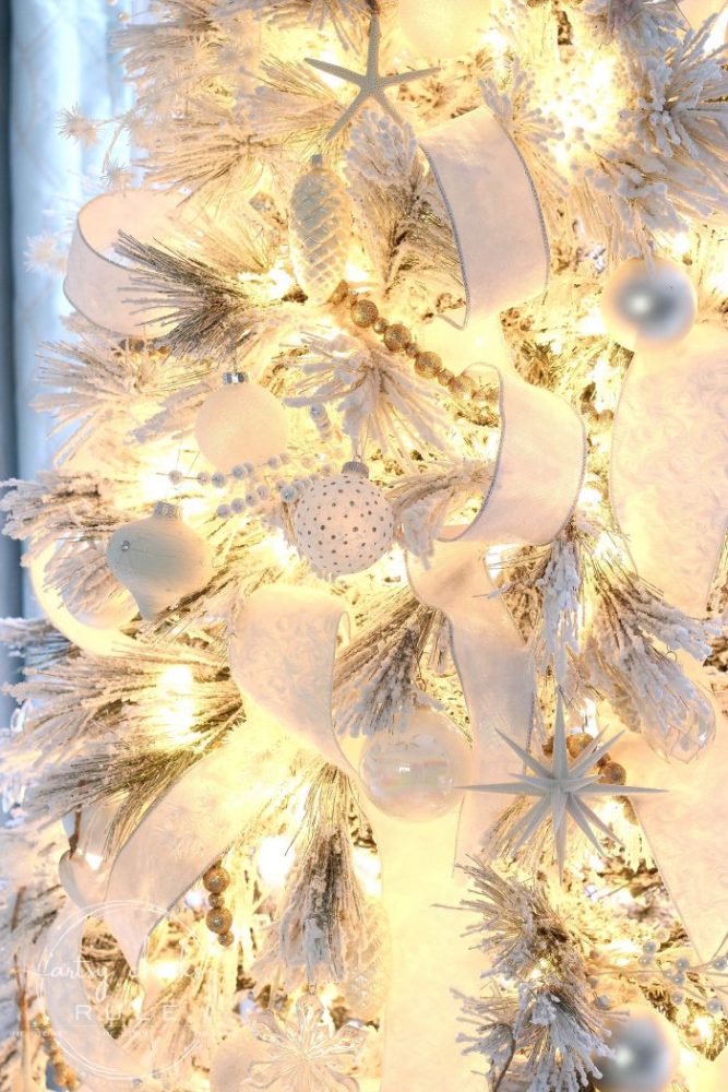 Recreate this magical look with an all white Christmas tree...coastal morning room and coffee bar decor! artsychicksrule.com #Christmasdecor #holidaydecor #allwhiteChristmastree #Christmastree 