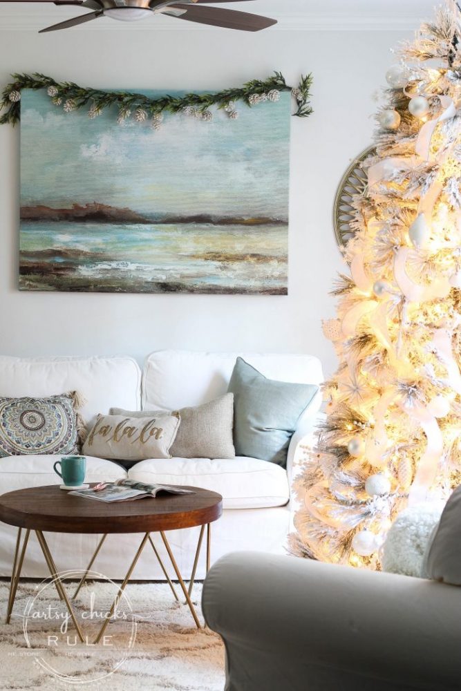 Recreate this magical look with an all white Christmas tree...coastal morning room and coffee bar decor! artsychicksrule.com #Christmasdecor #holidaydecor #allwhiteChristmastree #Christmastree 