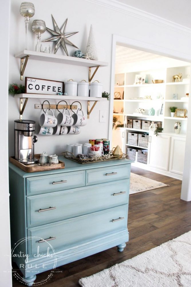 Recreate this magical look with an all white Christmas tree...coastal morning room and coffee bar decor! artsychicksrule.com #Christmasdecor #holidaydecor #allwhiteChristmastree #Christmastree 