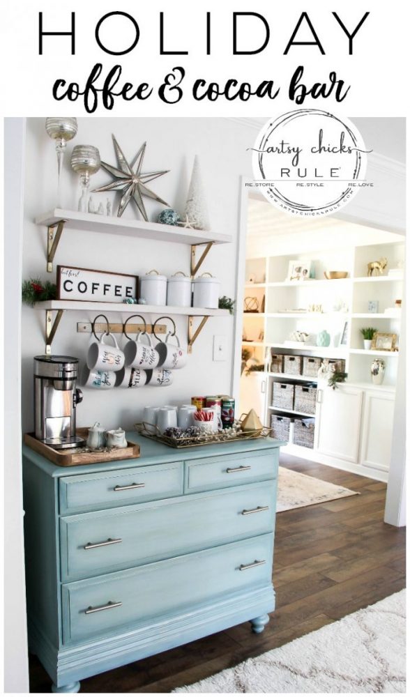 Recreate this magical look with an all white Christmas tree...coastal morning room and coffee bar decor! artsychicksrule.com #Christmasdecor #holidaydecor #allwhiteChristmastree #Christmastree 