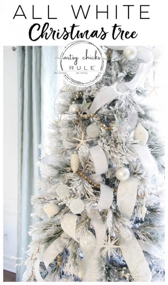 Recreate this magical look with an all white Christmas tree...coastal morning room and coffee bar decor! artsychicksrule.com #Christmasdecor #holidaydecor #allwhiteChristmastree #Christmastree 