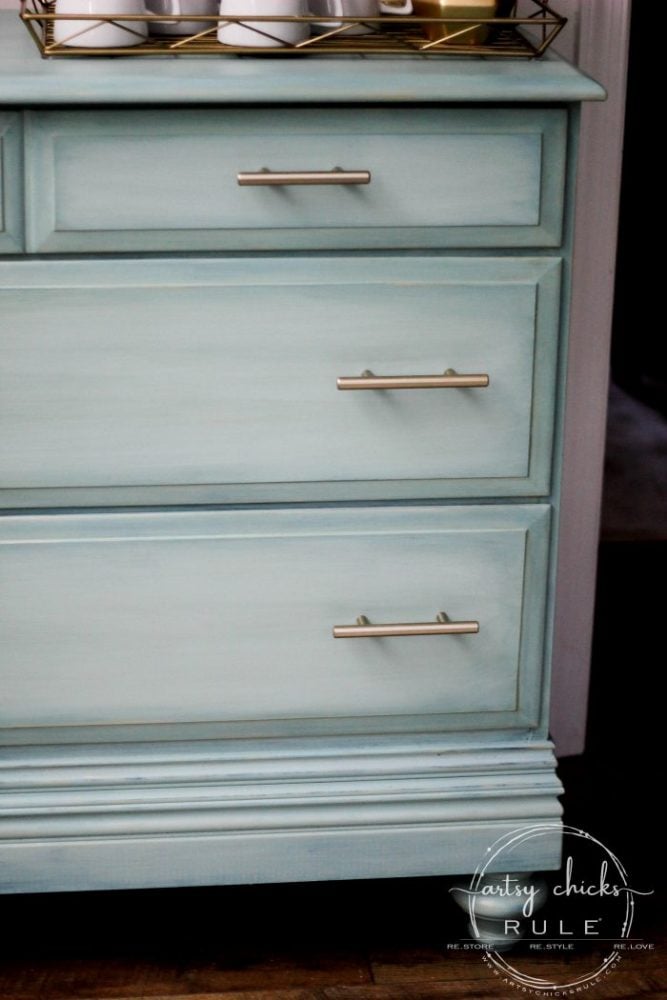 Gorgeous Aqua Dresser with 2 Paint Washes AND Hints of Gold Turned Coffee Bar! artsychicksrule.com #aquadresser #coffeebar #paintedfurniture #furnituremakeover #dresserideas