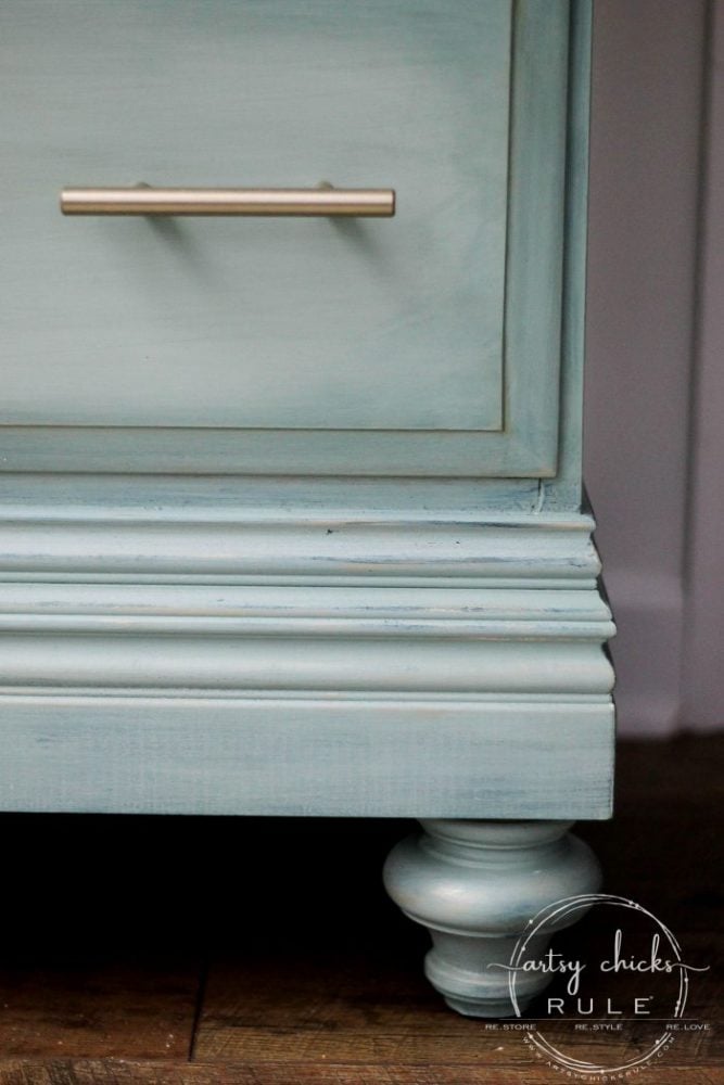 Gorgeous Aqua Dresser with 2 Paint Washes AND Hints of Gold Turned Coffee Bar! artsychicksrule.com #aquadresser #coffeebar #paintedfurniture #furnituremakeover #dresserideas