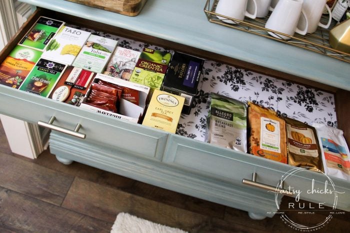 Gorgeous Aqua Dresser with 2 Paint Washes AND Hints of Gold Turned Coffee Bar! artsychicksrule.com #aquadresser #coffeebar #paintedfurniture #furnituremakeover #dresserideas