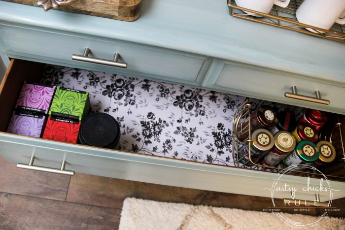 Gorgeous Aqua Dresser with 2 Paint Washes AND Hints of Gold Turned Coffee Bar! artsychicksrule.com #aquadresser #coffeebar #paintedfurniture #furnituremakeover #dresserideas