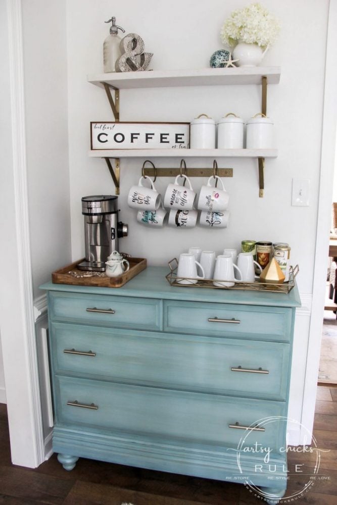 Gorgeous Aqua Dresser with 2 Paint Washes AND Hints of Gold Turned Coffee Bar! artsychicksrule.com #aquadresser #coffeebar #paintedfurniture #furnituremakeover #dresserideas