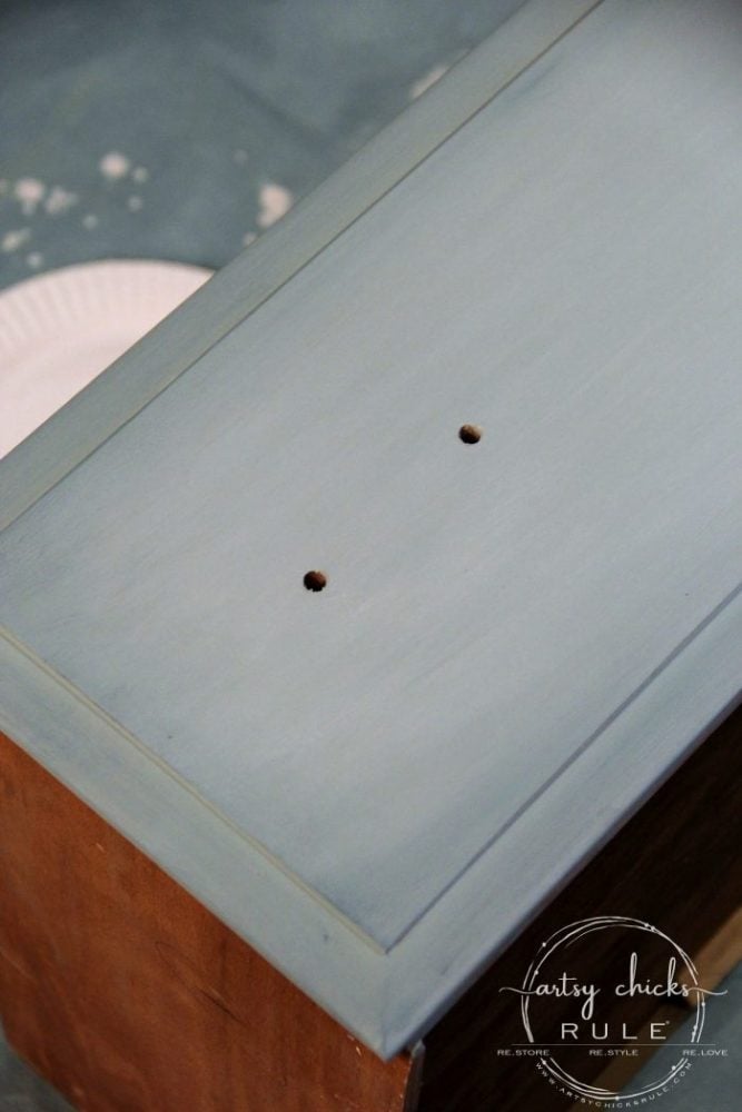 Gorgeous Aqua Dresser with 2 Paint Washes AND Hints of Gold Turned Coffee Bar! artsychicksrule.com #aquadresser #coffeebar #paintedfurniture #furnituremakeover #dresserideas