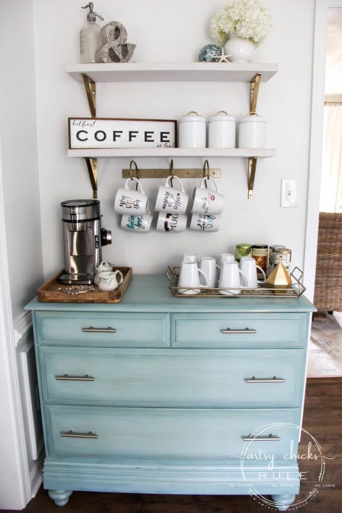 Gorgeous Aqua Dresser with 2 Paint Washes AND Hints of Gold Turned Coffee Bar! artsychicksrule.com #aquadresser #coffeebar #paintedfurniture #furnituremakeover #dresserideas