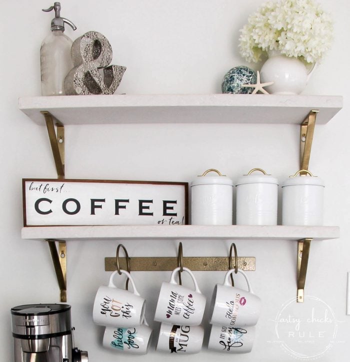 Gorgeous Aqua Dresser with 2 Paint Washes AND Hints of Gold Turned Coffee Bar! artsychicksrule.com #aquadresser #coffeebar #paintedfurniture #furnituremakeover #dresserideas