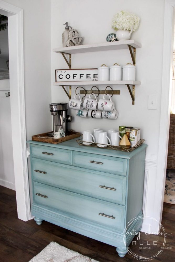 Gorgeous Aqua Dresser with 2 Paint Washes AND Hints of Gold Turned Coffee Bar! artsychicksrule.com #aquadresser #coffeebar #paintedfurniture #furnituremakeover #dresserideas