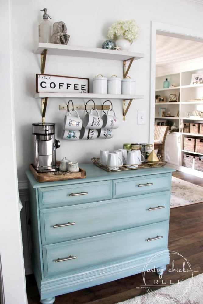 Gorgeous Aqua Dresser with 2 Paint Washes AND Hints of Gold Turned Coffee Bar! artsychicksrule.com #aquadresser #coffeebar #paintedfurniture #furnituremakeover #dresserideas