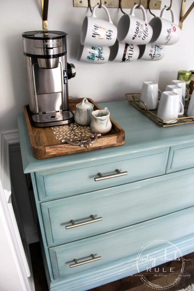 Gorgeous Aqua Dresser with 2 Paint Washes AND Hints of Gold Turned Coffee Bar! artsychicksrule.com #aquadresser #coffeebar #paintedfurniture #furnituremakeover #dresserideas