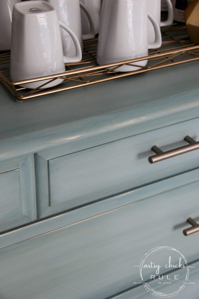 Gorgeous Aqua Dresser with 2 Paint Washes AND Hints of Gold Turned Coffee Bar! artsychicksrule.com #aquadresser #coffeebar #paintedfurniture #furnituremakeover #dresserideas