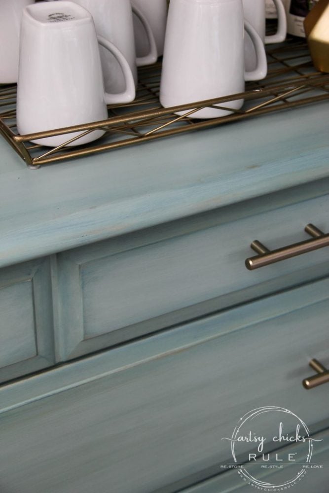 Gorgeous Aqua Dresser with 2 Paint Washes AND Hints of Gold Turned Coffee Bar! artsychicksrule.com #aquadresser #coffeebar #paintedfurniture #furnituremakeover #dresserideas