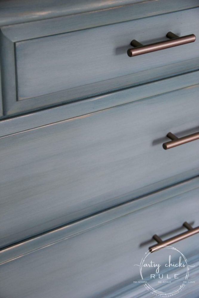 Gorgeous Aqua Dresser with 2 Paint Washes AND Hints of Gold Turned Coffee Bar! artsychicksrule.com #aquadresser #coffeebar #paintedfurniture #furnituremakeover #dresserideas