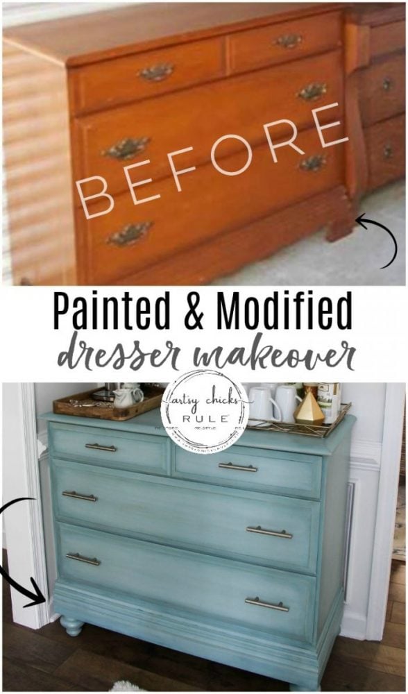 Gorgeous Aqua Dresser with 2 Paint Washes AND Hints of Gold Turned Coffee Bar! artsychicksrule.com #aquadresser #coffeebar #paintedfurniture #furnituremakeover #dresserideas