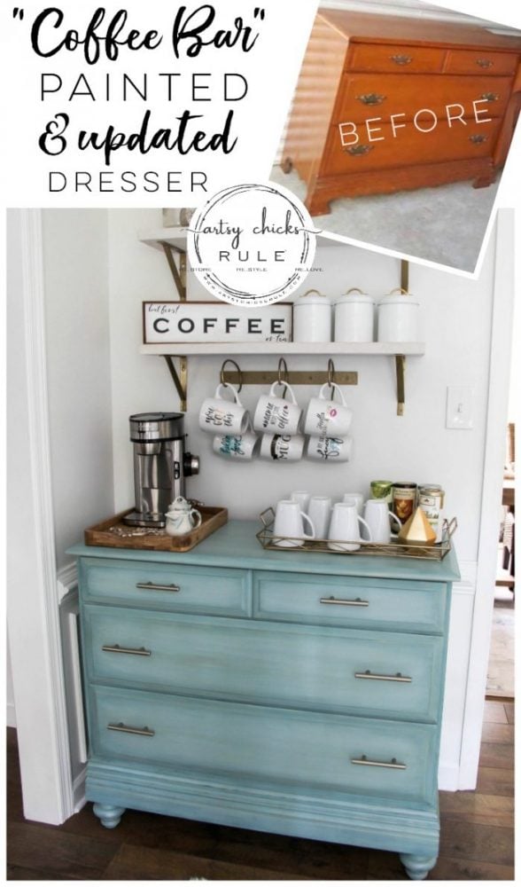 Gorgeous Aqua Dresser with 2 Paint Washes AND Hints of Gold Turned Coffee Bar! artsychicksrule.com #aquadresser #coffeebar #paintedfurniture #furnituremakeover #dresserideas