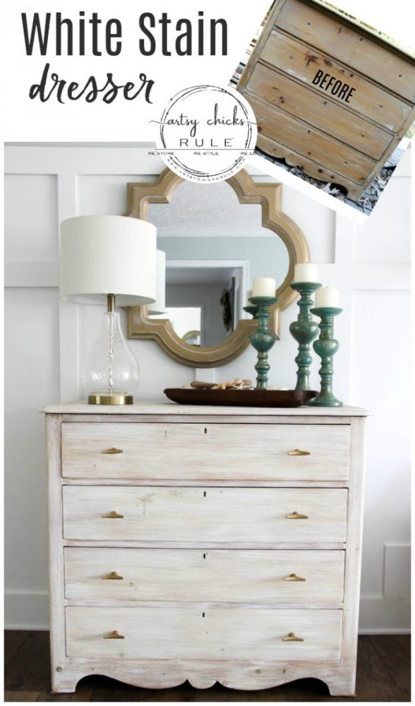 White Stain (using chalk paint, SO easy!!) Dresser Makeover - artsychicksrule.com #whitestain #whitestainmakeover #whitestainfurniture #chalkpaintmakeover #chalkpaintfurniture #paintedfurniture #coastalfurniture #coastalglam #coastaldecor