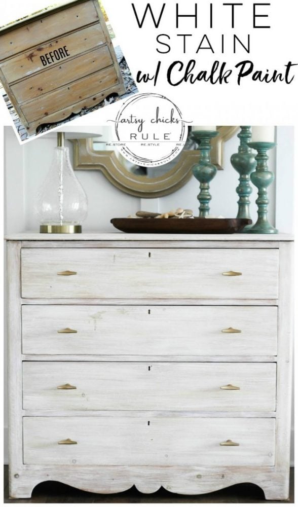 White Stain (using chalk paint, SO easy!!) Dresser Makeover - artsychicksrule.com #whitestain #whitestainmakeover #whitestainfurniture #chalkpaintmakeover #chalkpaintfurniture #paintedfurniture #coastalfurniture #coastalglam #coastaldecor