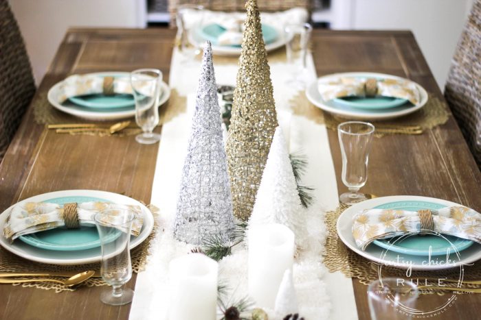 Blue and Gold Christmas Tree and Holiday Dining Room Decor !! artsychicksrule.com #blueandgoldChristmastree #blueandgold #Christmasdining room #diningroomdecor