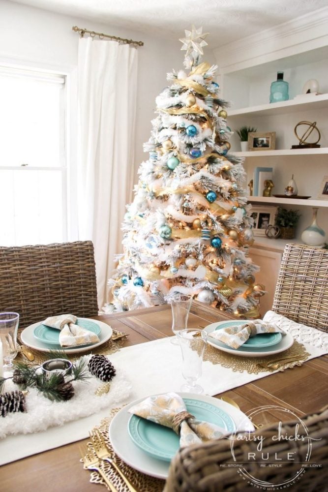 Blue and Gold Christmas Tree and Holiday Dining Room Decor !! artsychicksrule.com #blueandgoldChristmastree #blueandgold #Christmasdining room #diningroomdecor