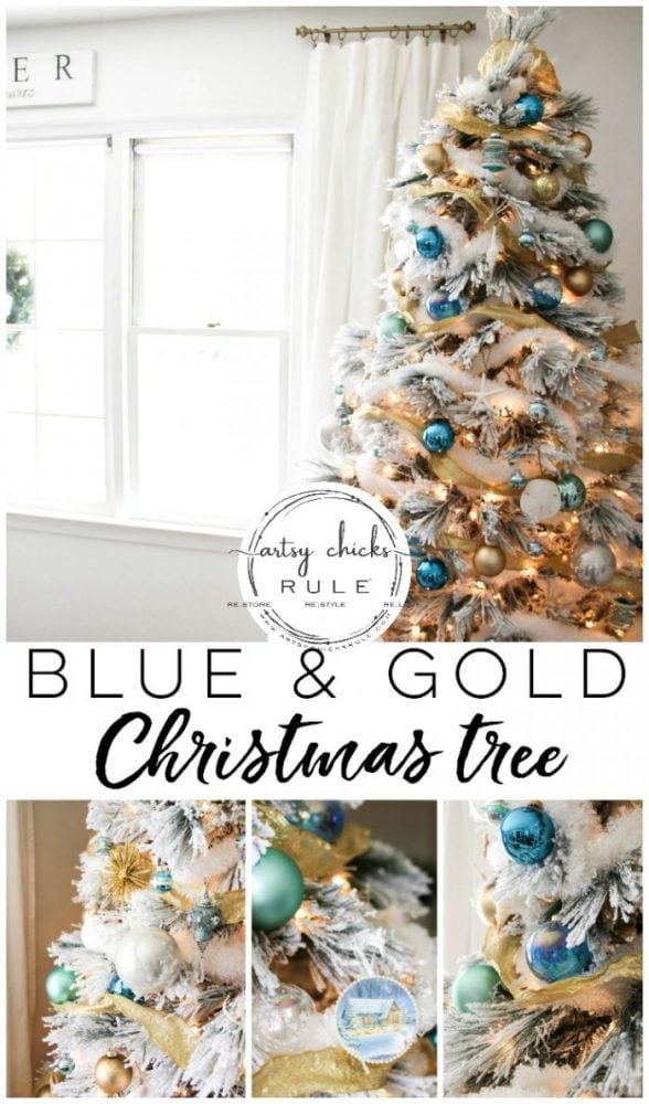 Blue and Gold Christmas Tree and Holiday Dining Room Decor !! artsychicksrule.com #blueandgoldChristmastree #blueandgold #Christmasdining room #diningroomdecor