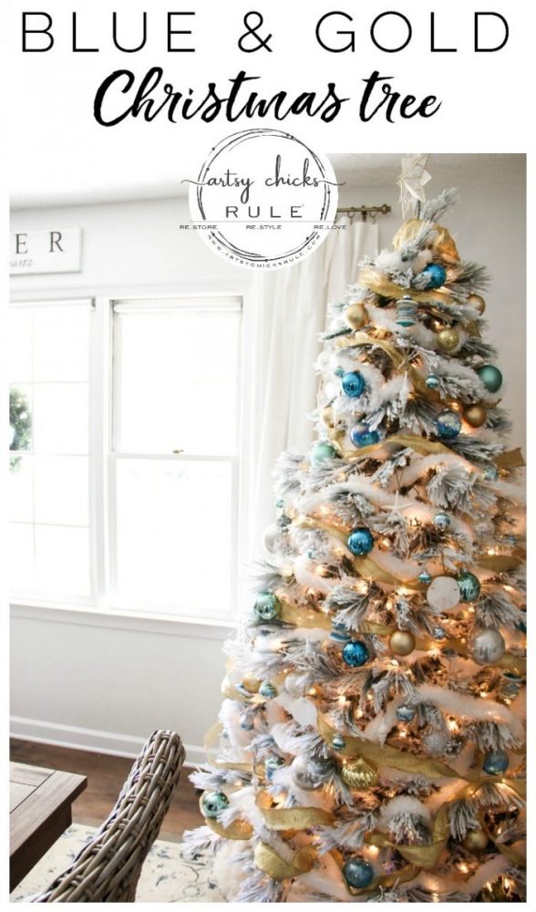 Blue and Gold Christmas Tree and Holiday Dining Room Decor !! artsychicksrule.com #blueandgoldChristmastree #blueandgold #Christmasdining room #diningroomdecor