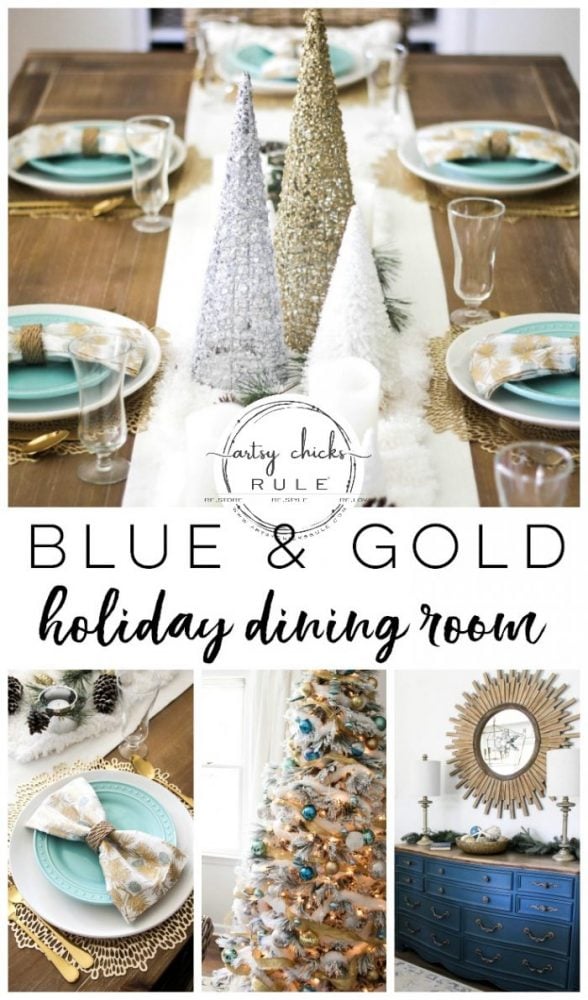 Blue and Gold Christmas Tree and Holiday Dining Room Decor !! artsychicksrule.com #blueandgoldChristmastree #blueandgold #Christmasdining room #diningroomdecor