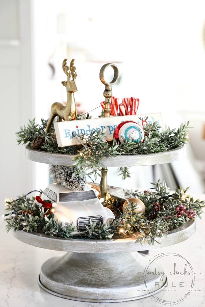 A Holiday Themed Christmas Tiered Tray - artsychicksrule.com (old tray? Make it over too!) #Christmastieredtray #holidaytieredtray #tieredtraydecor #howtodecoratetieredtray