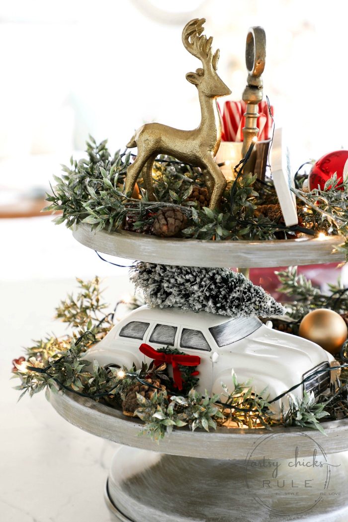 A Holiday Themed Christmas Tiered Tray - artsychicksrule.com (old tray? Make it over too!) #Christmastieredtray #holidaytieredtray #tieredtraydecor #howtodecoratetieredtray