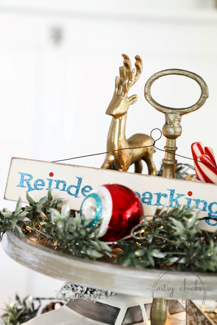 A Holiday Themed Christmas Tiered Tray - artsychicksrule.com (old tray? Make it over too!) #Christmastieredtray #holidaytieredtray #tieredtraydecor #howtodecoratetieredtray