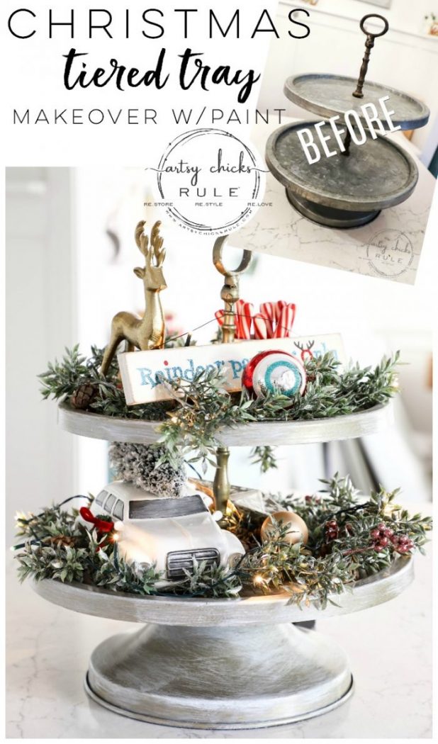 A Holiday Themed Christmas Tiered Tray - artsychicksrule.com (old tray? Make it over too!) #Christmastieredtray #holidaytieredtray #tieredtraydecor #howtodecoratetieredtray