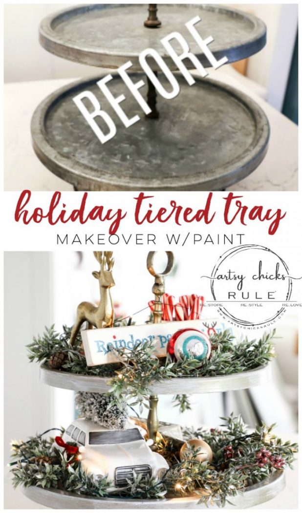 A Holiday Themed Christmas Tiered Tray - artsychicksrule.com (old tray? Make it over too!) #Christmastieredtray #holidaytieredtray #tieredtraydecor #howtodecoratetieredtray