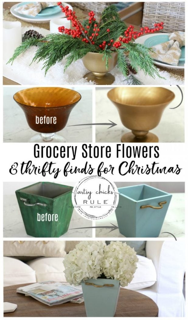 Decorating with Flowers for Christmas! (grocery store flowers) Bring warmth and beauty into your home with natural flowers for the holidays. artsychicksrule.com #flowersforchristmas #christmasflowers #holidayflowers #vaseideas #thriftymakeovers