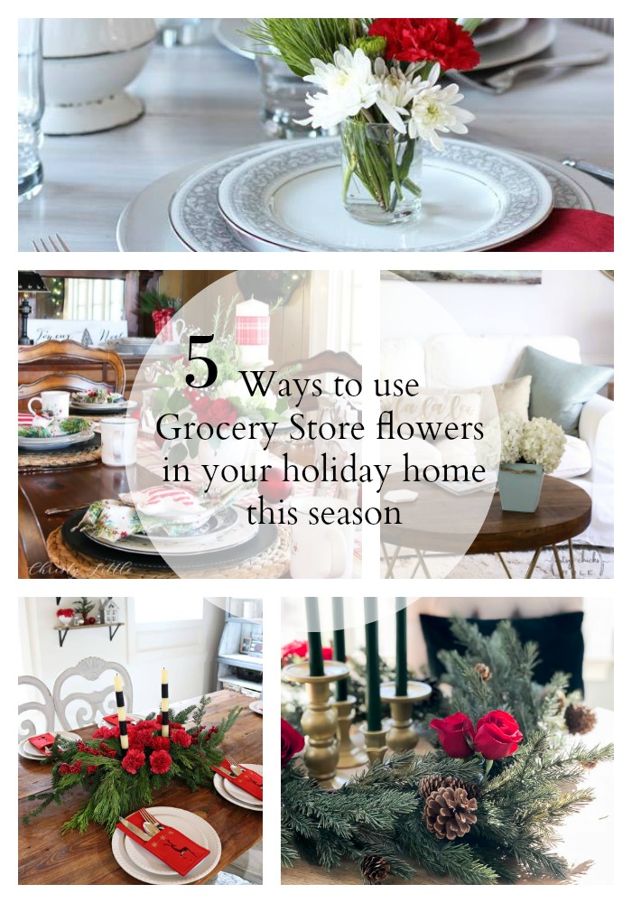 Decorating with Flowers for Christmas! (grocery store flowers) Bring warmth and beauty into your home with natural flowers for the holidays. artsychicksrule.com #flowersforchristmas #christmasflowers #holidayflowers #vaseideas #thriftymakeovers