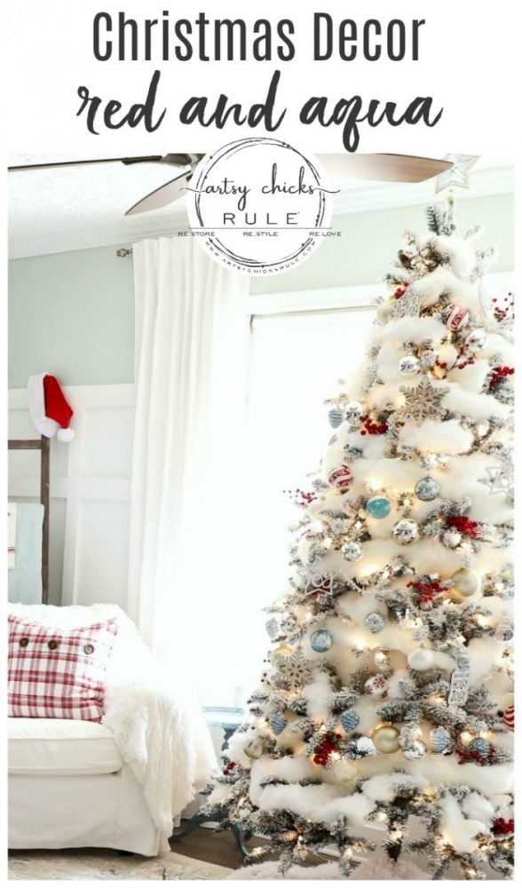 A Traditional Christmas Tree (and holiday decor) - Red and Aqua artsychicksrule.com #redandaqua #traditionalchristmas #traditionalholidaydecor #redChristmasdecor