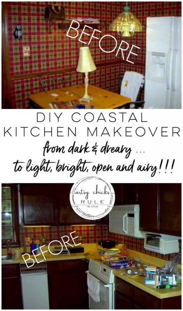 DIY Coastal Kitchen Makeover Reveal!!! White Shaker cabinets, quartz countertops, farmhouse style flooring and more! artsychicksrule.com #kitchenmakeover #kitchenremodel #diykitchen #coastalkitchen #quartzcountertops #farmhouseflooring