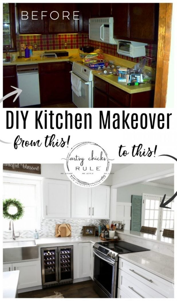 DIY Coastal Kitchen Makeover Reveal!!! White Shaker cabinets, quartz countertops, farmhouse style flooring and more! artsychicksrule.com #kitchenmakeover #kitchenremodel #diykitchen #coastalkitchen #quartzcountertops #farmhouseflooring