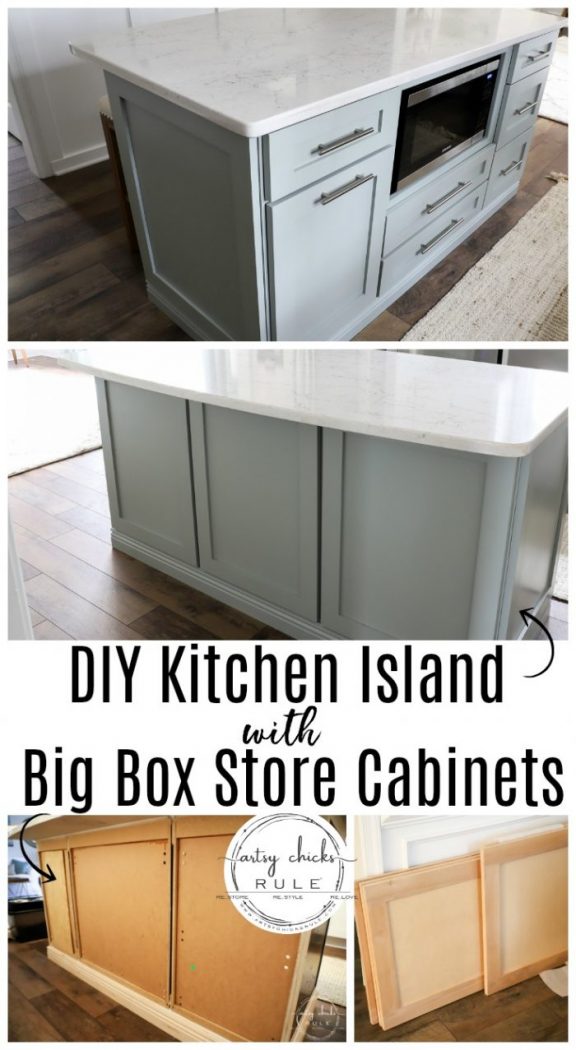 Build your very own DIY KITCHEN ISLAND with big box store cabinets!! Yep! And customize it to your liking and needs! Easier than you think! artsychicksrule.com #diykitchenisland #islandmakeover #blueisland